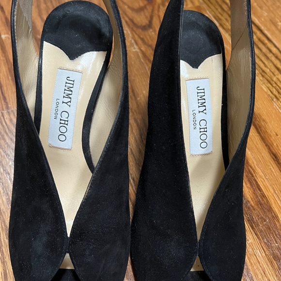 Jimmy Choo Black Shar Peep Toe Slingback Pump Suede 38Sandals